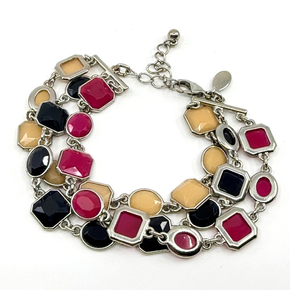 VTG Y2K Multi Strand Statement Bracelet Silver Pink Black Cream Geometric
